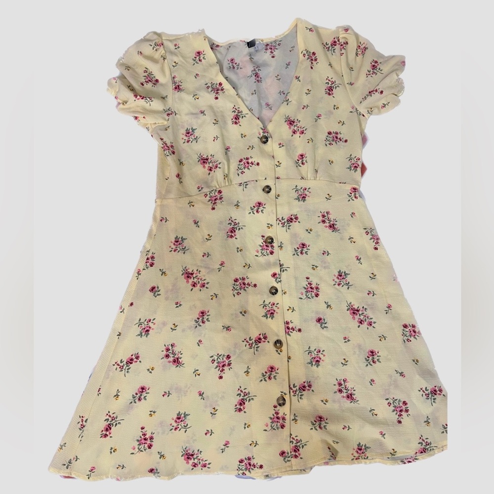 Yellow Floral V Neck Button Up Chiffon Dress